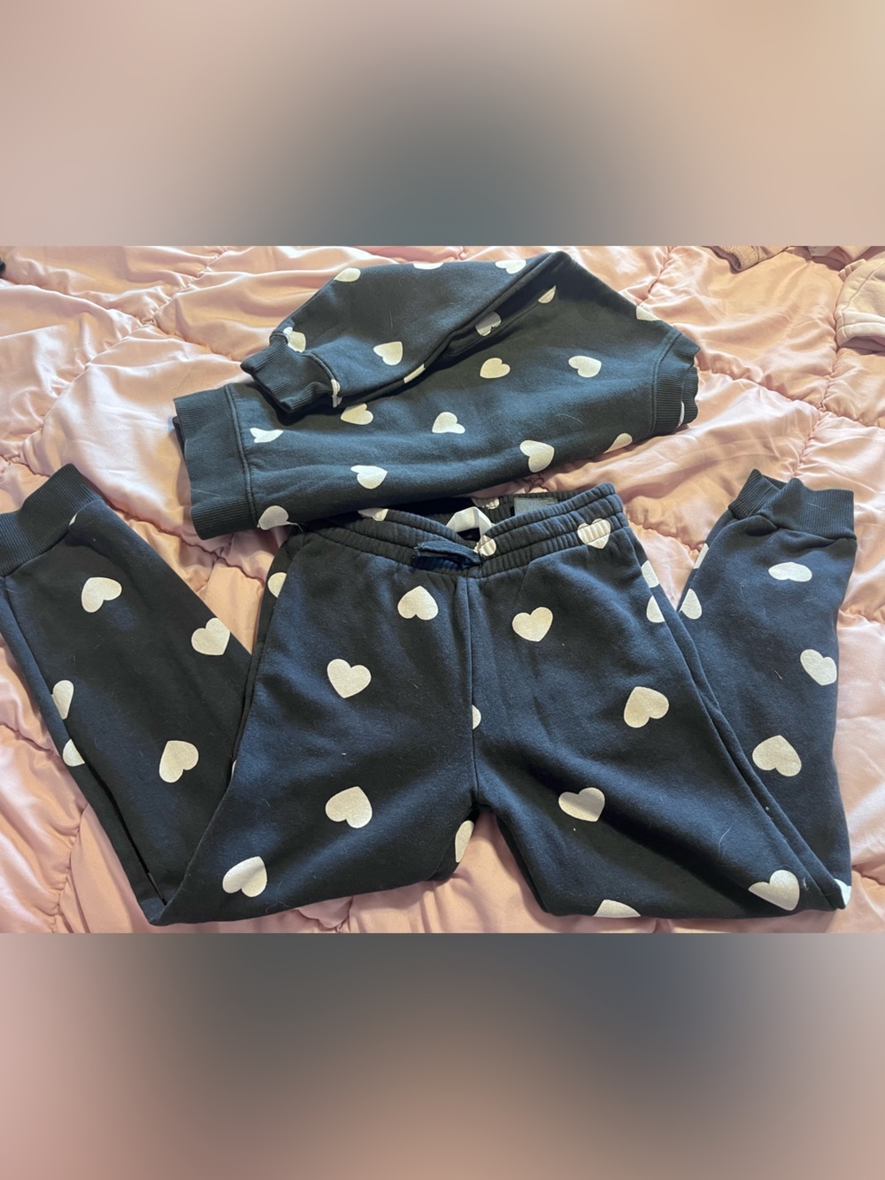 H&M Black Sweatpants & Top Set with White Heart Print